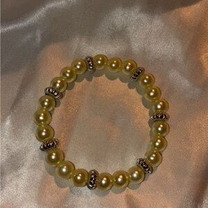 Yellow Pearl Stretch Bracelet with Silver Accents